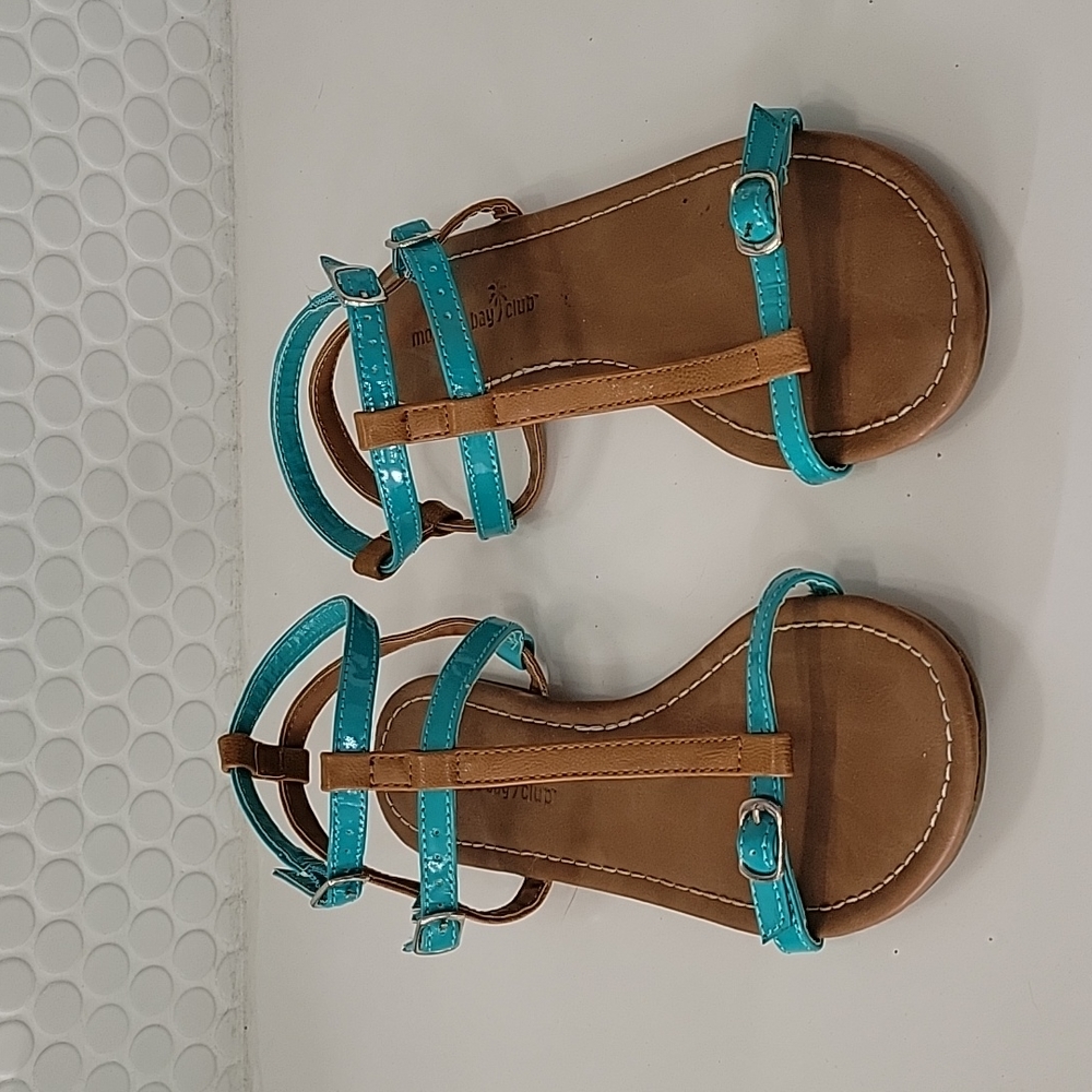 Aqua and brown strappy flat sandal,  size  6.5